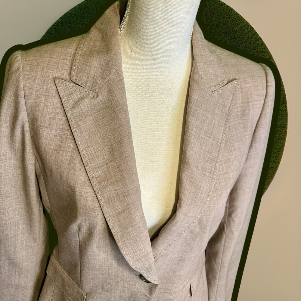 Saks Fifth Avenue Collection Heathered Tan Wool Whipstitch Trim Blazer Size 8 - Picture 3 of 15